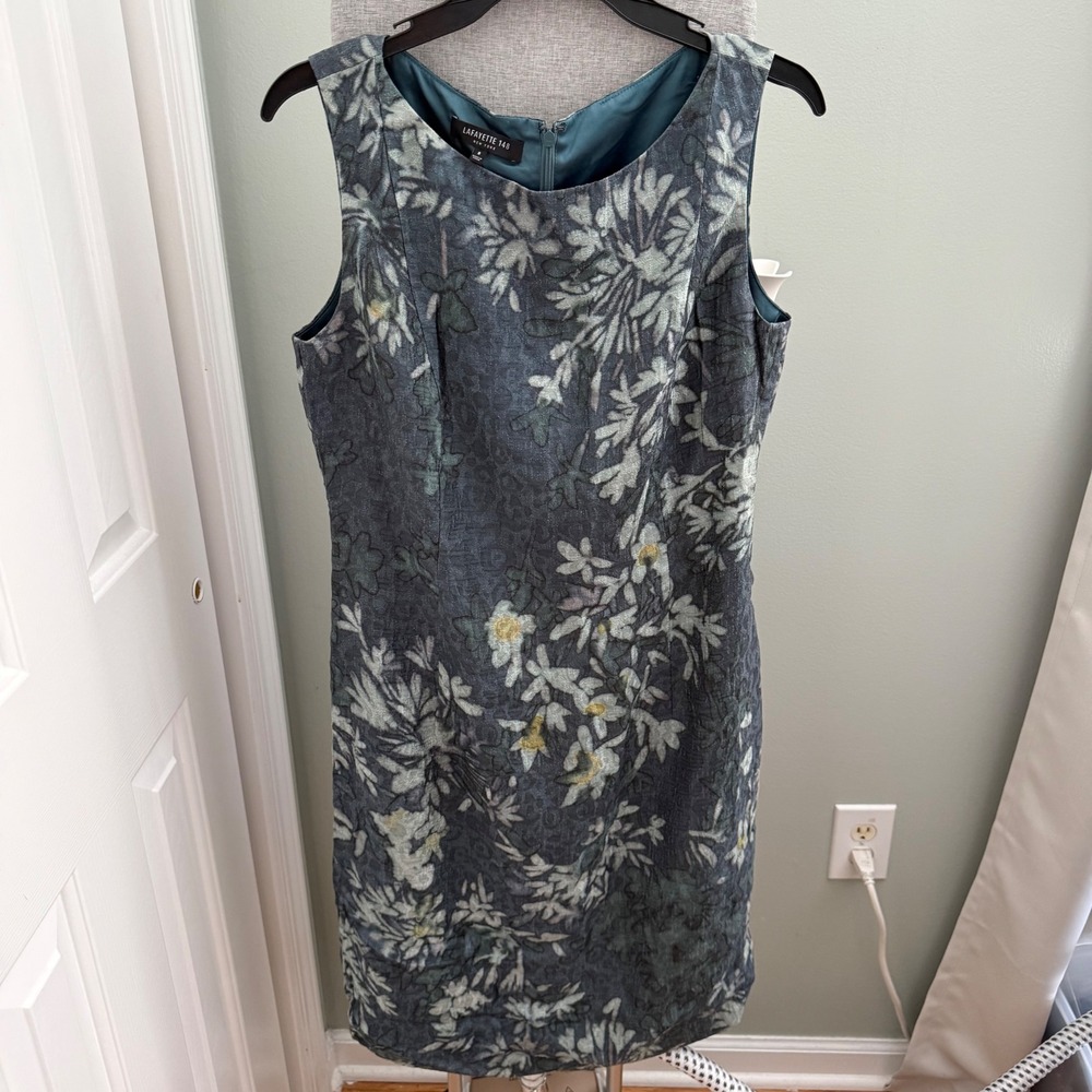 Lafayette 148 Silk Burnout Floral Dress 8 Teal Botanical Jacquard Cocktail